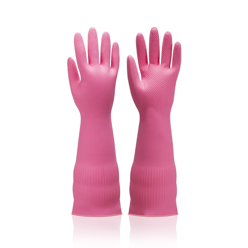 雪蓮10182P.L加長(zhǎng)加厚型家用天然乳膠絨里卷邊袖口網(wǎng)格紋手套