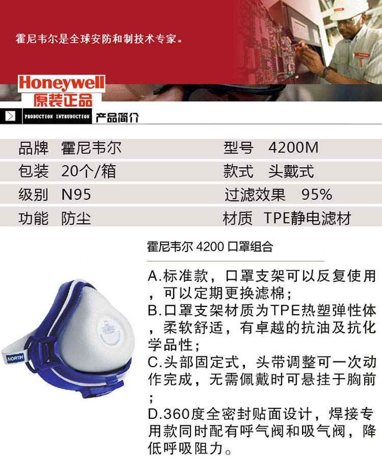 Honeywell霍尼韋爾4200M 4200標(biāo)準(zhǔn)版防塵面具圖片1