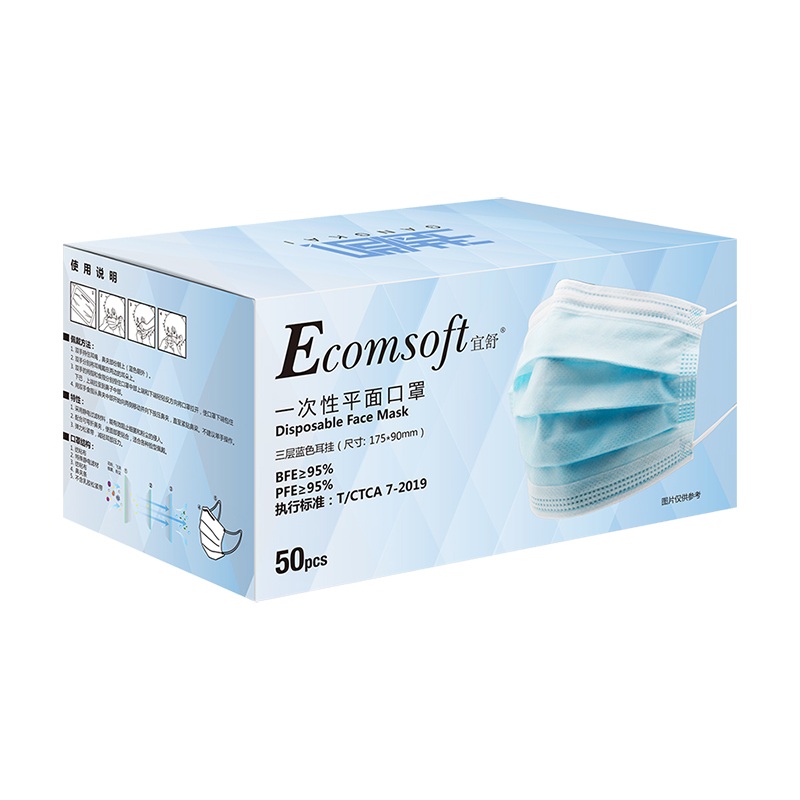 宜舒FE3B藍色平面三層一次性口罩圖片1