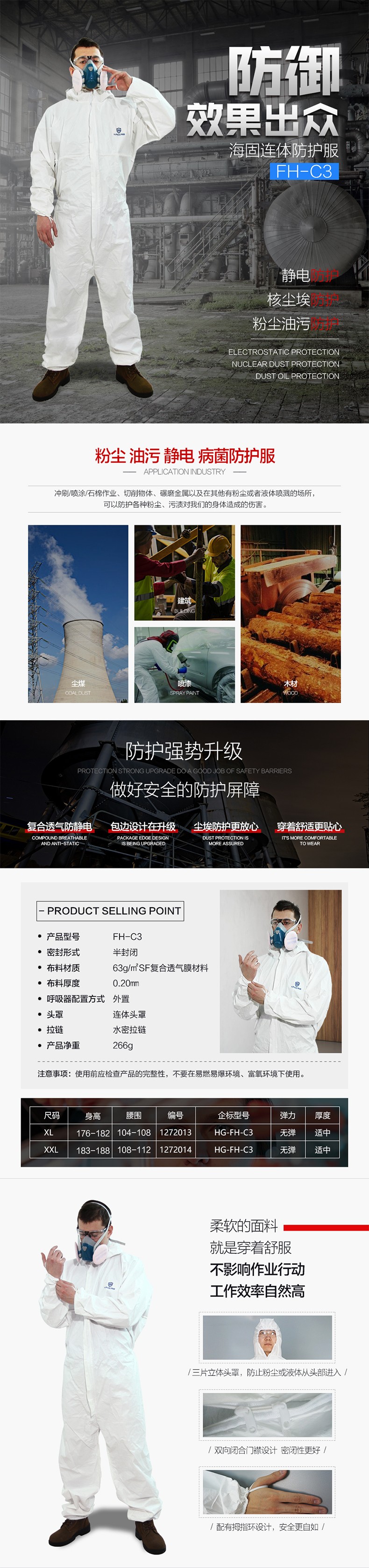 海固FH-C3優(yōu)越連體防護(hù)服 連體防粉塵、油污、靜電、病菌防護(hù)服圖片1