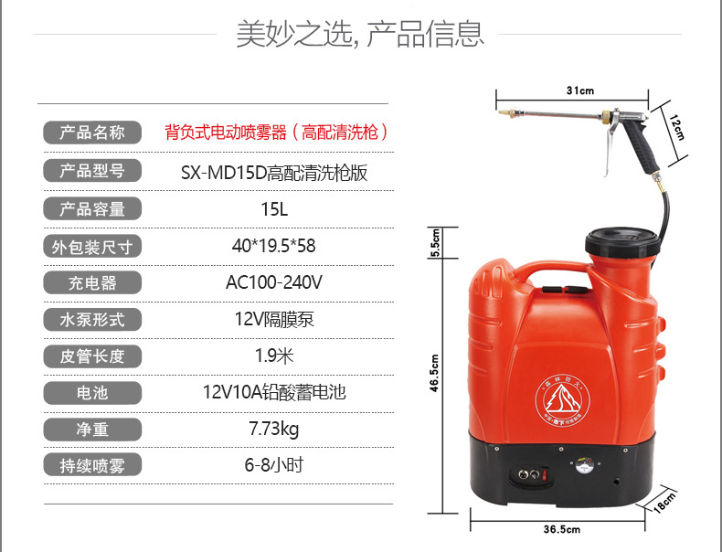 市下SX-MD15D 15L背負式電動噴霧器圖片3