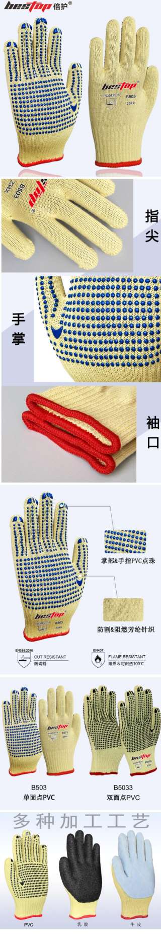 bestop倍護(hù)B503單面PVC點塑防滑3級防割手套圖片