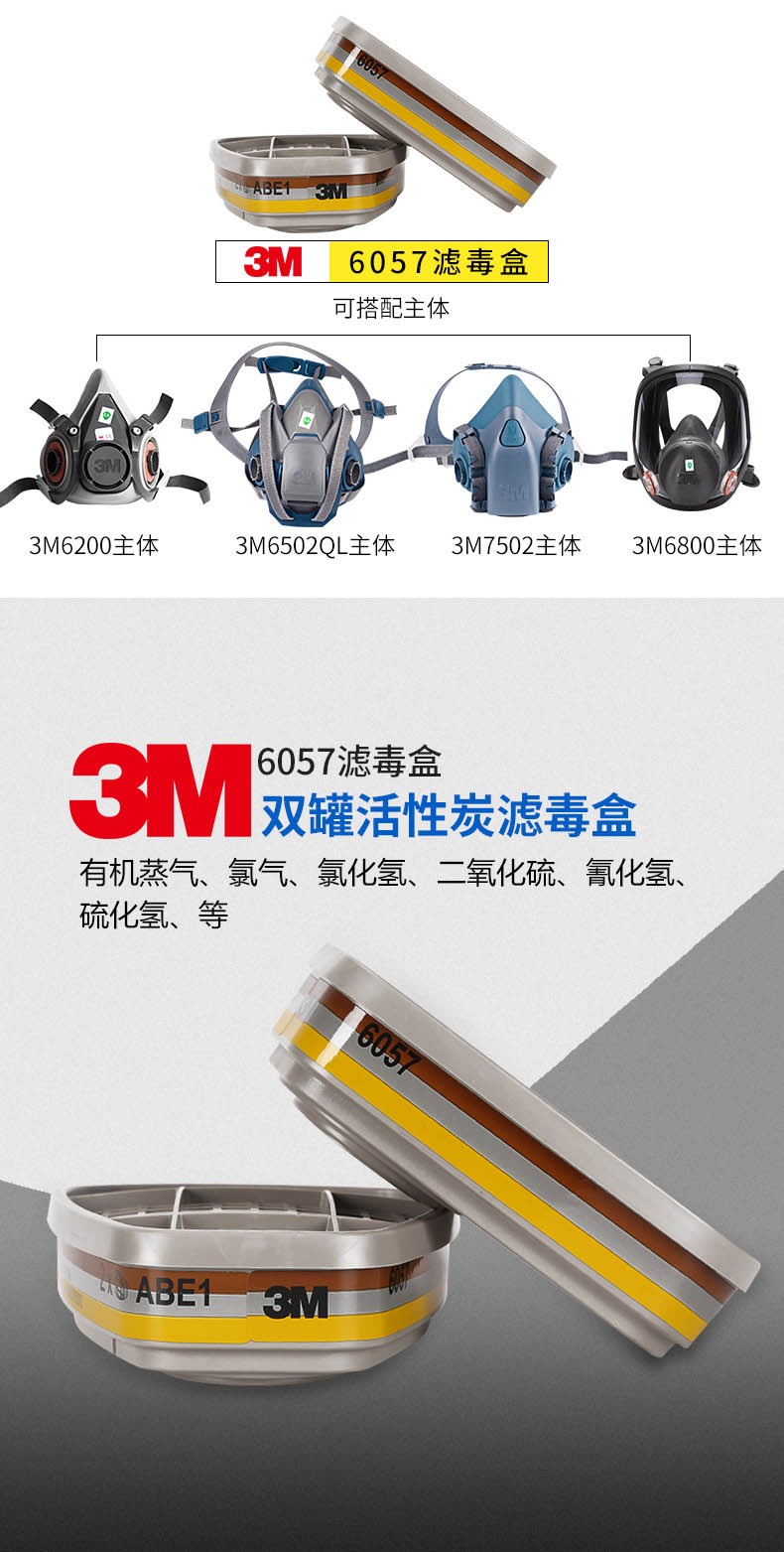 3M6057防護(hù)有機(jī)/無機(jī)/酸性氣體濾毒盒