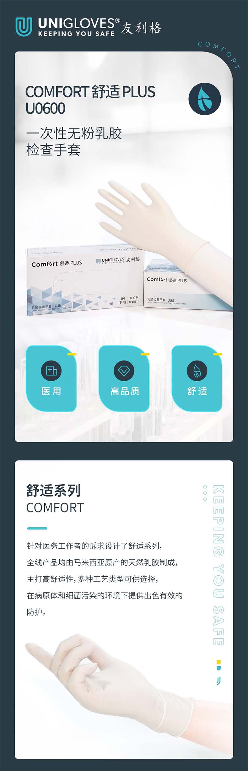 友利格舒適COMFORT PLUS U0600一次性無(wú)粉乳膠檢查手套