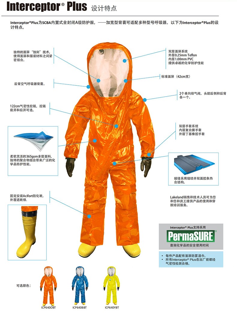 Lakeland雷克蘭ICP640OBT Interceptor Plus攔截者氣密型A級(jí)全封閉防化服連防化靴-2