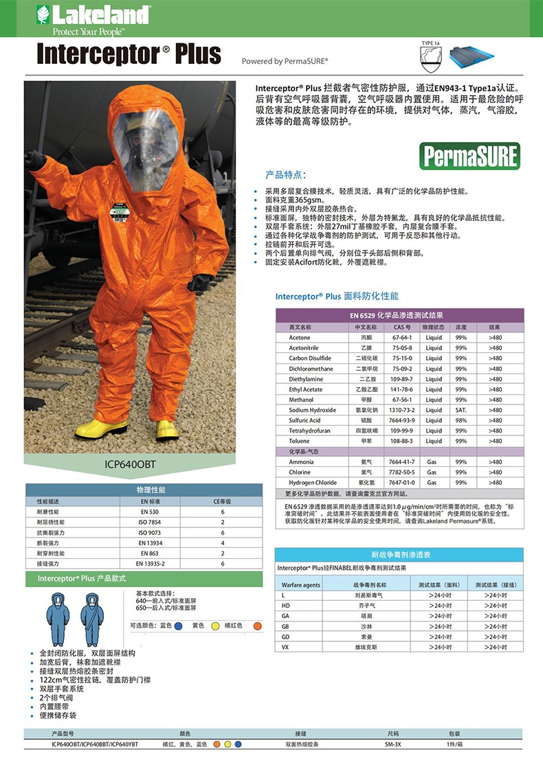 Lakeland雷克蘭ICP640OBT Interceptor Plus攔截者氣密型A級(jí)全封閉防化服連防化靴-1