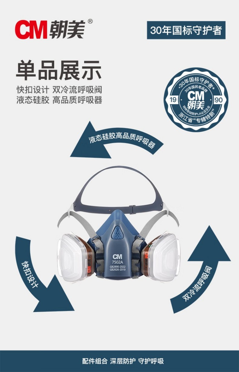 朝美7502A頭戴式藍(lán)色硅膠半面罩防毒面具2