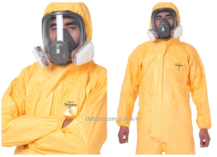穿杜邦tychemC化學(xué)防護(hù)服戴防毒面具圖片