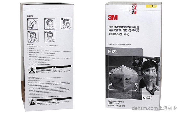 3M9022口罩50只/盒，包裝盒正反面圖