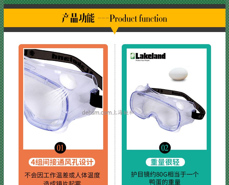 雷克蘭G1510護(hù)目鏡4組間通風(fēng)口設(shè)計(jì)，重量輕約80克