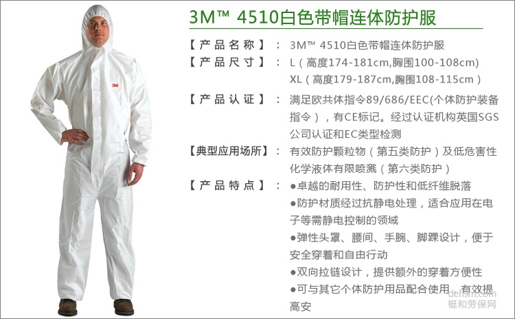 3M4510白色帶帽連體防護(hù)服介紹