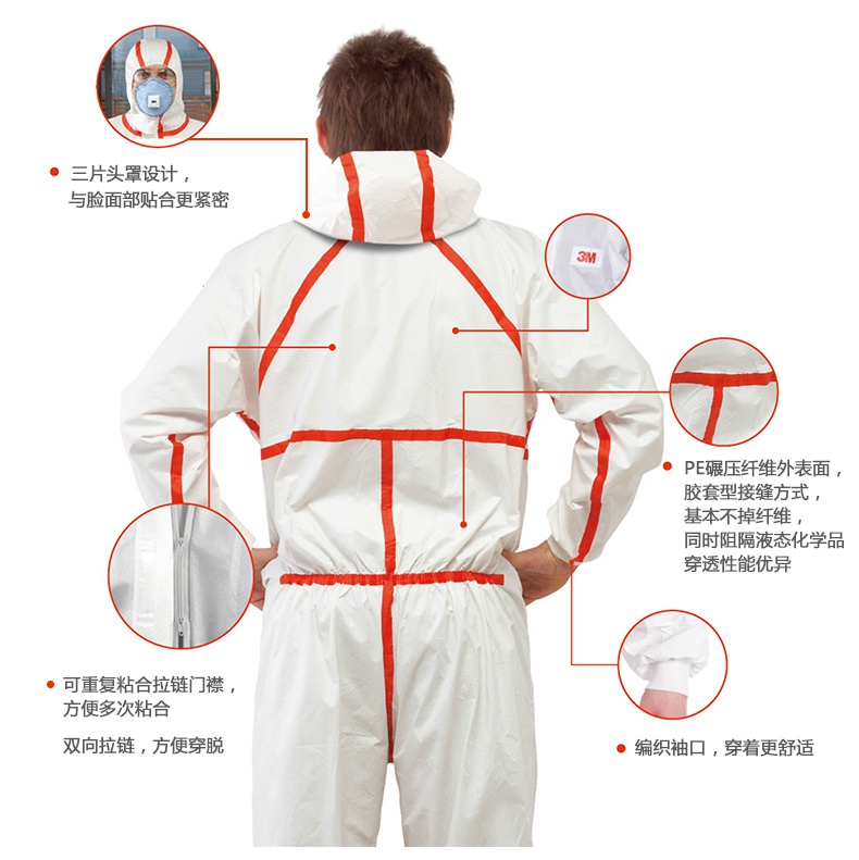 3M4565白色帶帽紅色膠條連體防護(hù)服有哪些特點(diǎn)