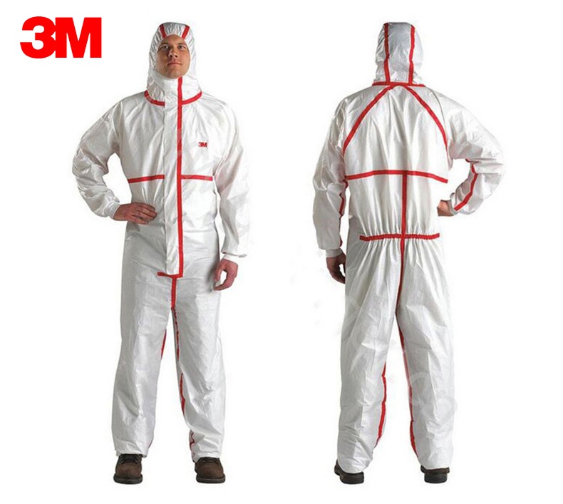 3M4565白色帶帽紅色膠條連體防護(hù)服圖片-正反面