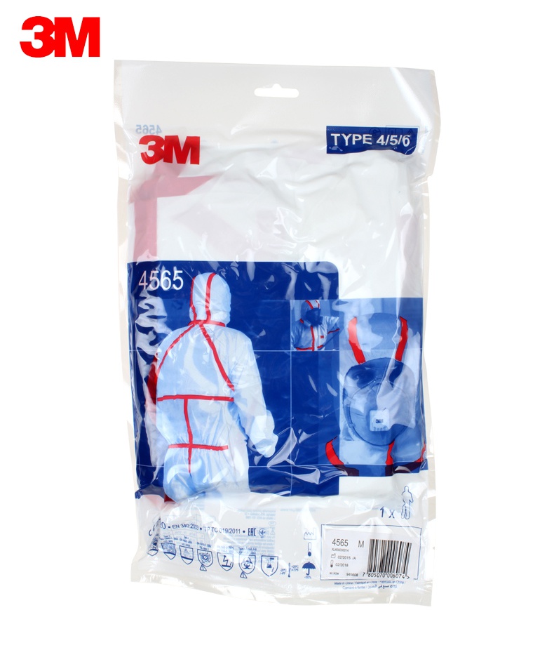 3M4565白色帶帽紅色膠條連體防護(hù)服包裝圖